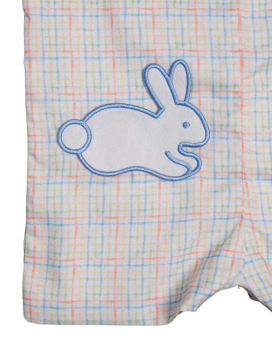 Rainbow Plaid Shortall with Bunny Pocket