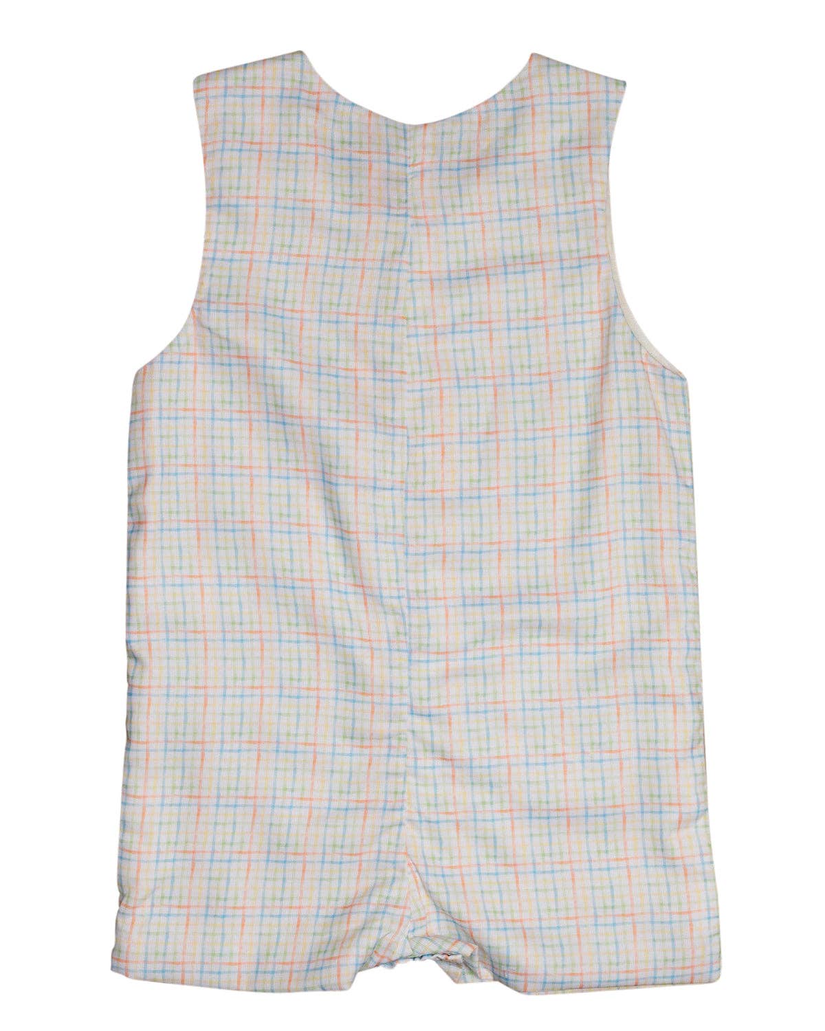 Rainbow Plaid Shortall with Bunny Pocket