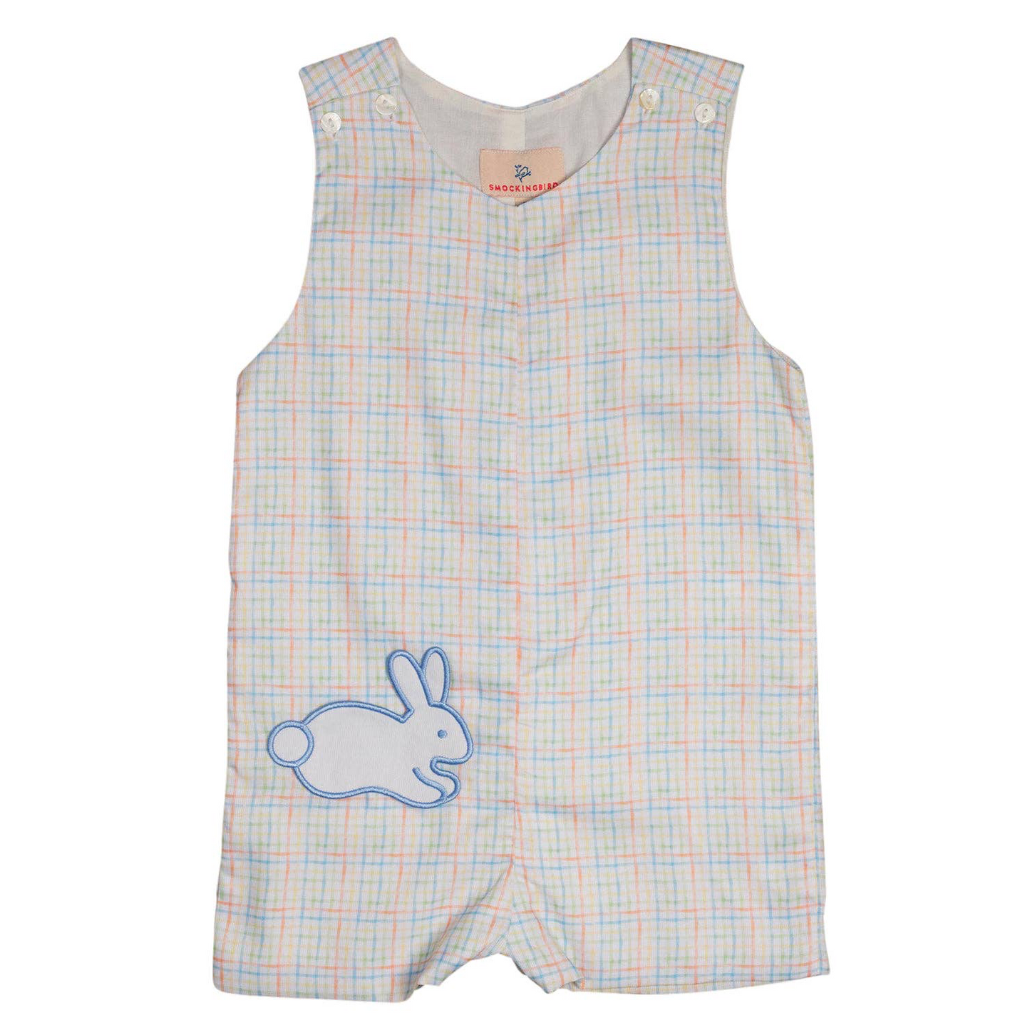 Rainbow Plaid Shortall with Bunny Pocket